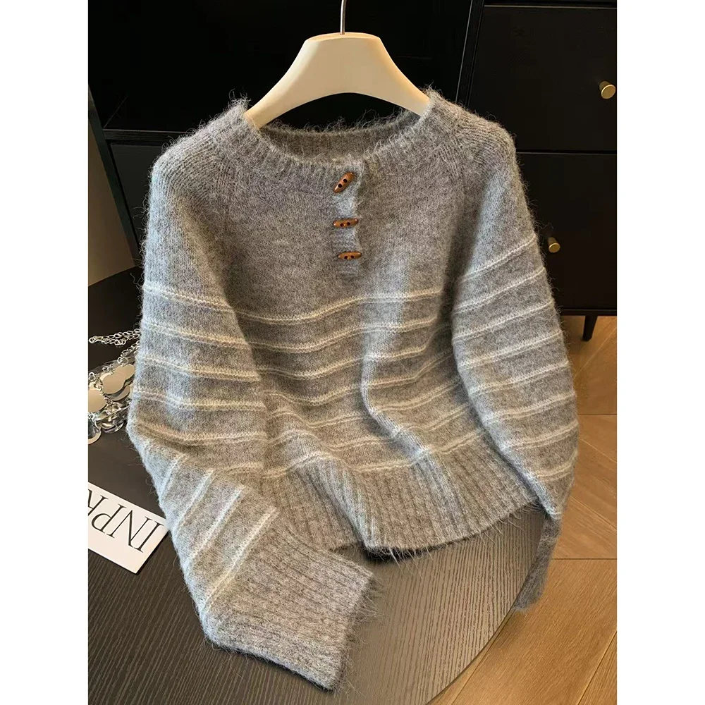Embroidery Shirt - 가을 겨울 여성용 스트라이프 울 캐시미어