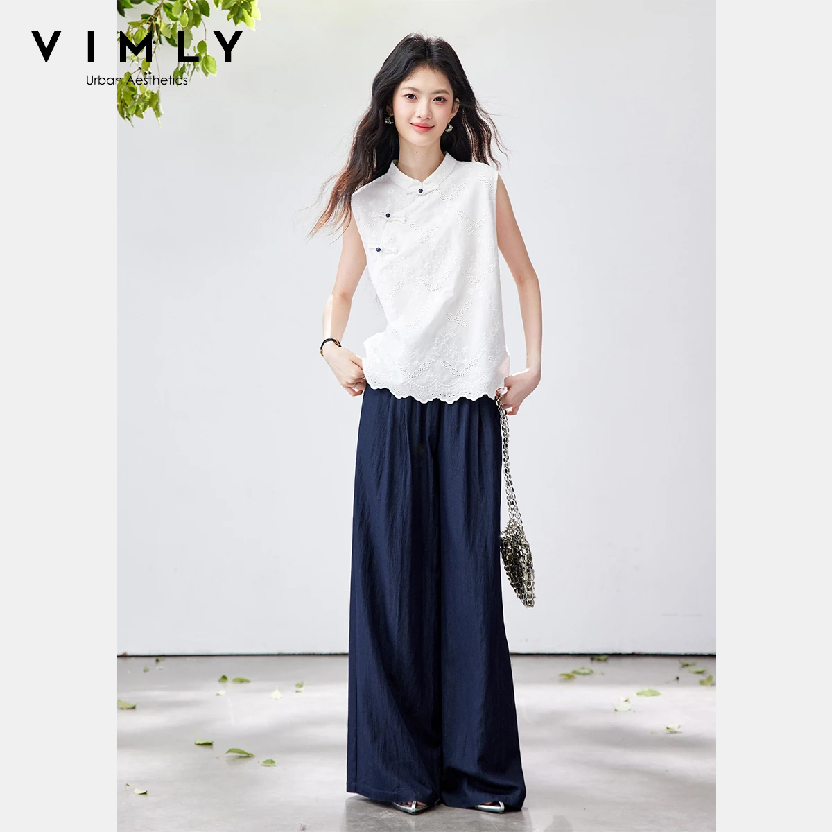 Embroidery Class - VIMLY 중국 스타일 투피스 바지 세트