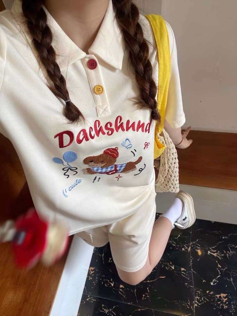 Embroidery Cotton Shirt - 카와이 자수 개 일본 스타일 폴로