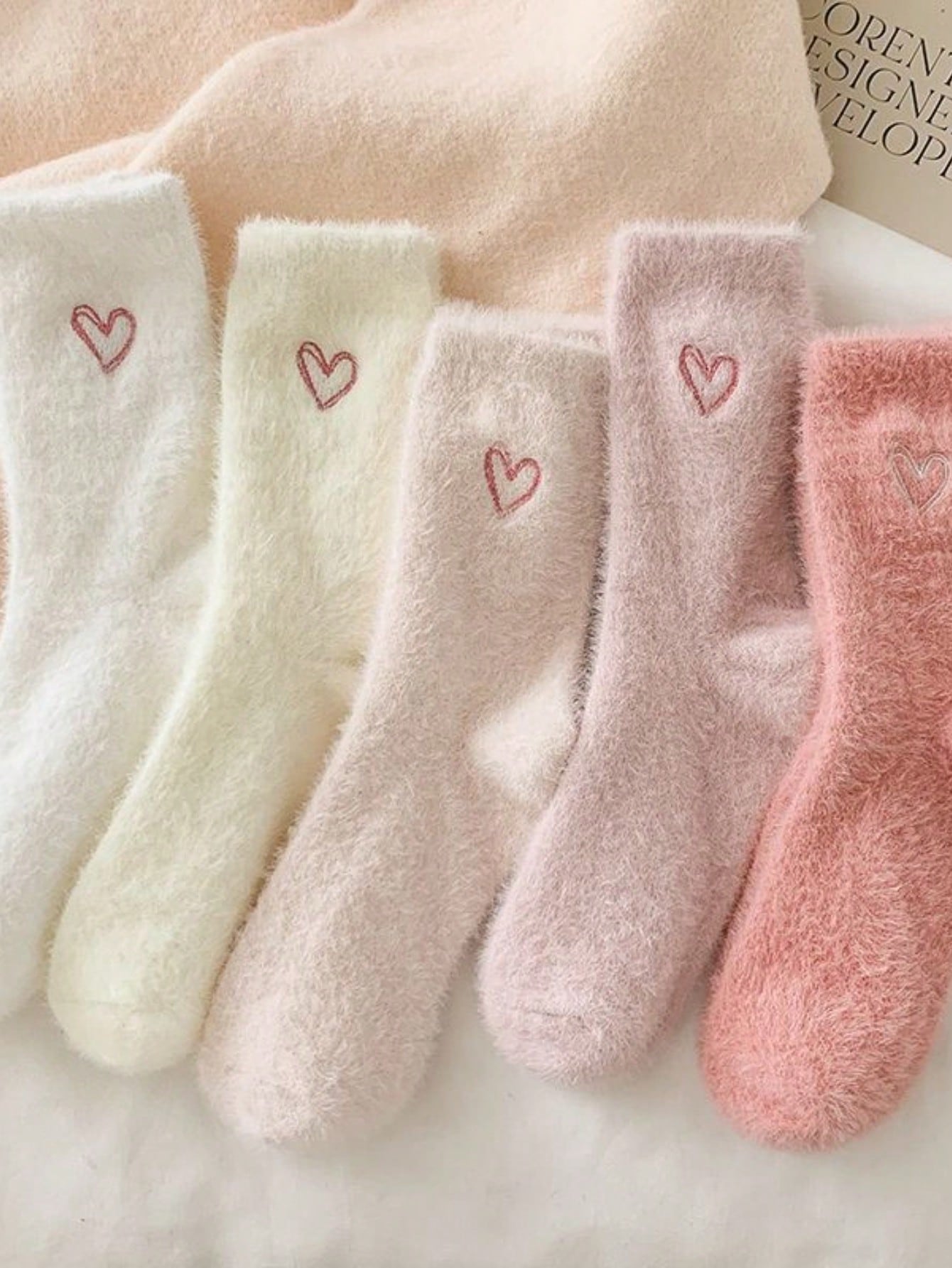 Embroidery On Socks - 5켤레 여성용 두꺼운 밍크 양말 핑크