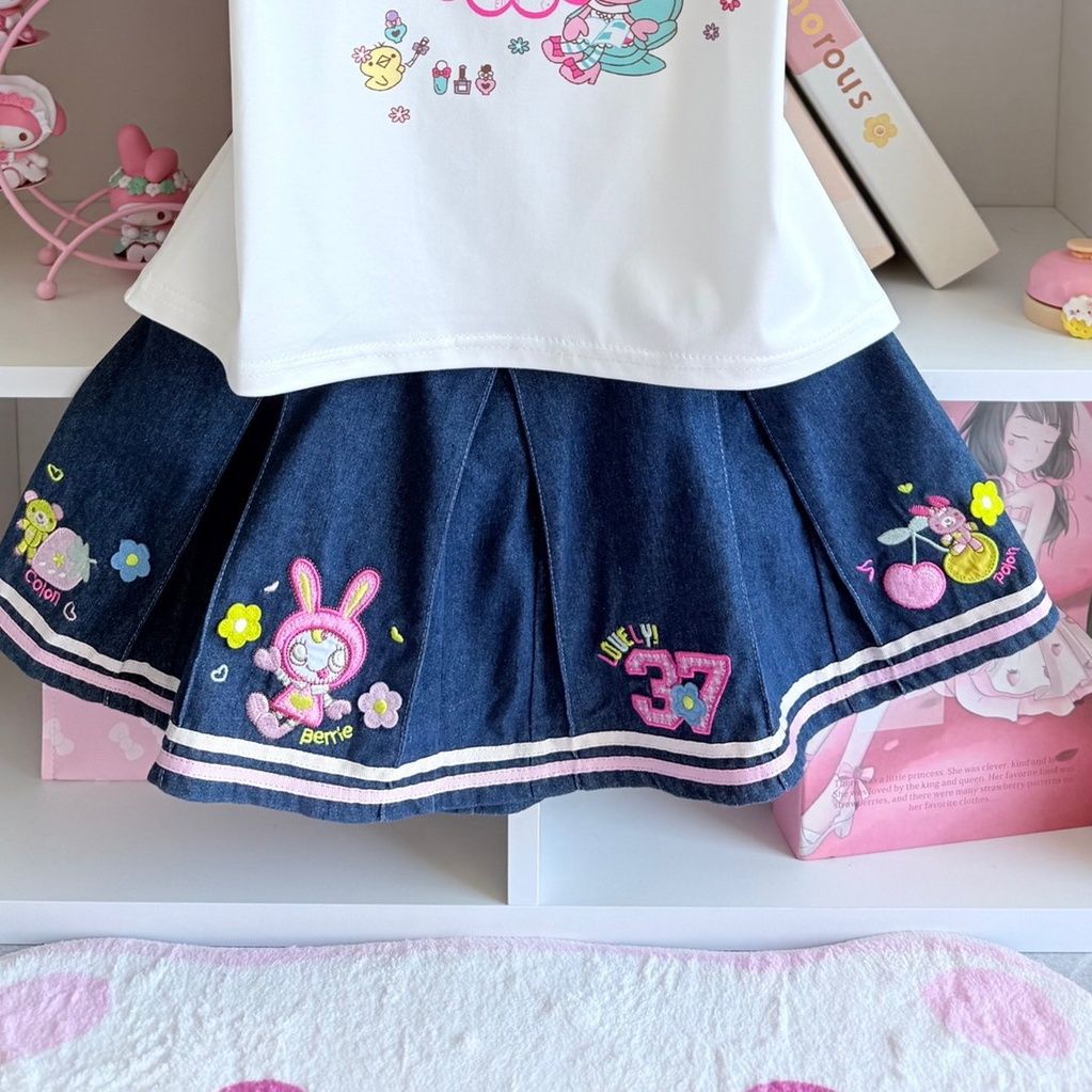 일본풍 스위트 스커트 세트 여름 신상 만화 Mp 프린트 - Embroidery Cotton Shirt 리뷰 및 가격