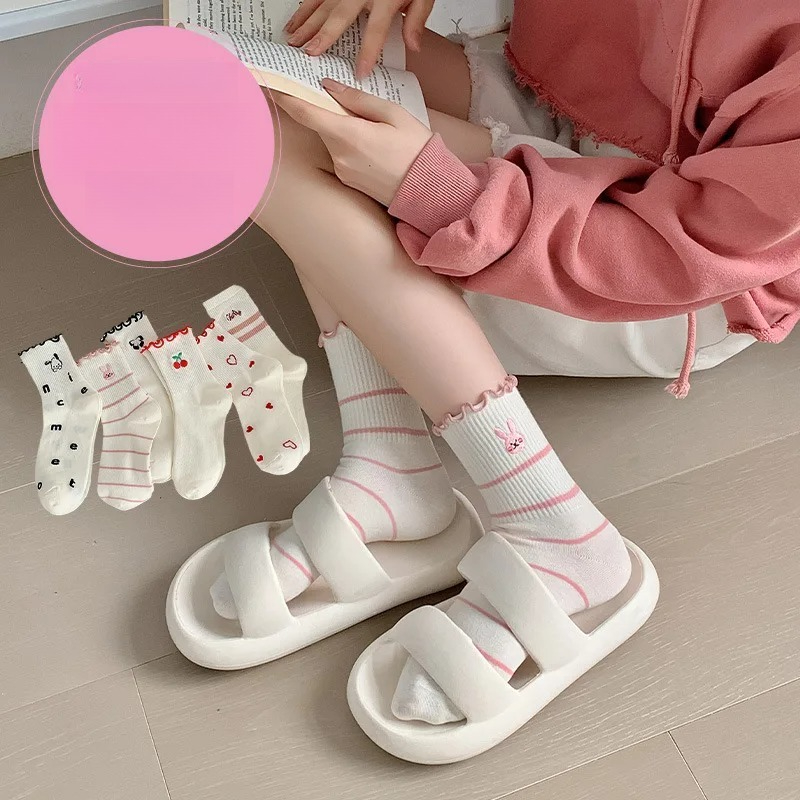 여성 양말 면 귀여운 토끼 체리 사랑 프린트 스트라이프 - Embroidery On Socks 리뷰 및 가격