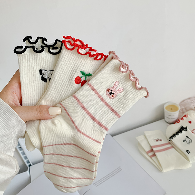여성 양말 면 귀여운 토끼 체리 사랑 프린트 스트라이프 - Embroidery On Socks 리뷰 및 가격