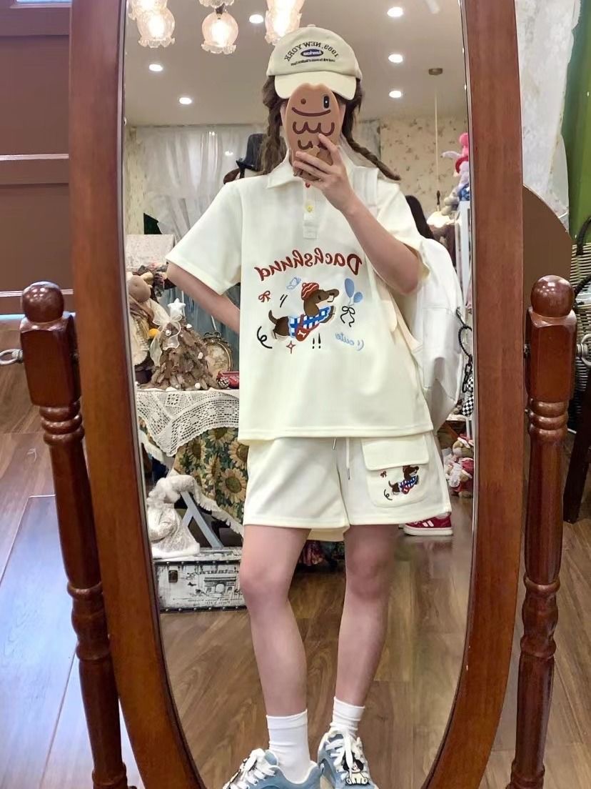 카와이 자수 개 일본 스타일 폴로 셔츠 2 피스 세트  - Embroidery Cotton Shirt 리뷰 및 가격