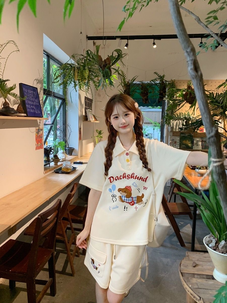 카와이 자수 개 일본 스타일 폴로 셔츠 2 피스 세트  - Embroidery Cotton Shirt 리뷰 및 가격