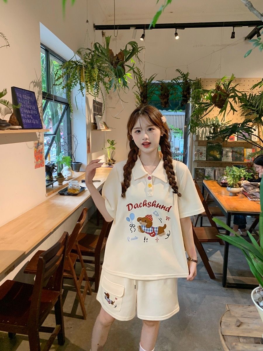 카와이 자수 개 일본 스타일 폴로 셔츠 2 피스 세트  - Embroidery Cotton Shirt 리뷰 및 가격