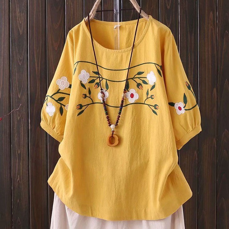 플러스 사이즈 여성용 봄 여름 신상 자수 루즈핏 배 가 - Embroidery Cotton Shirt 리뷰 및 가격